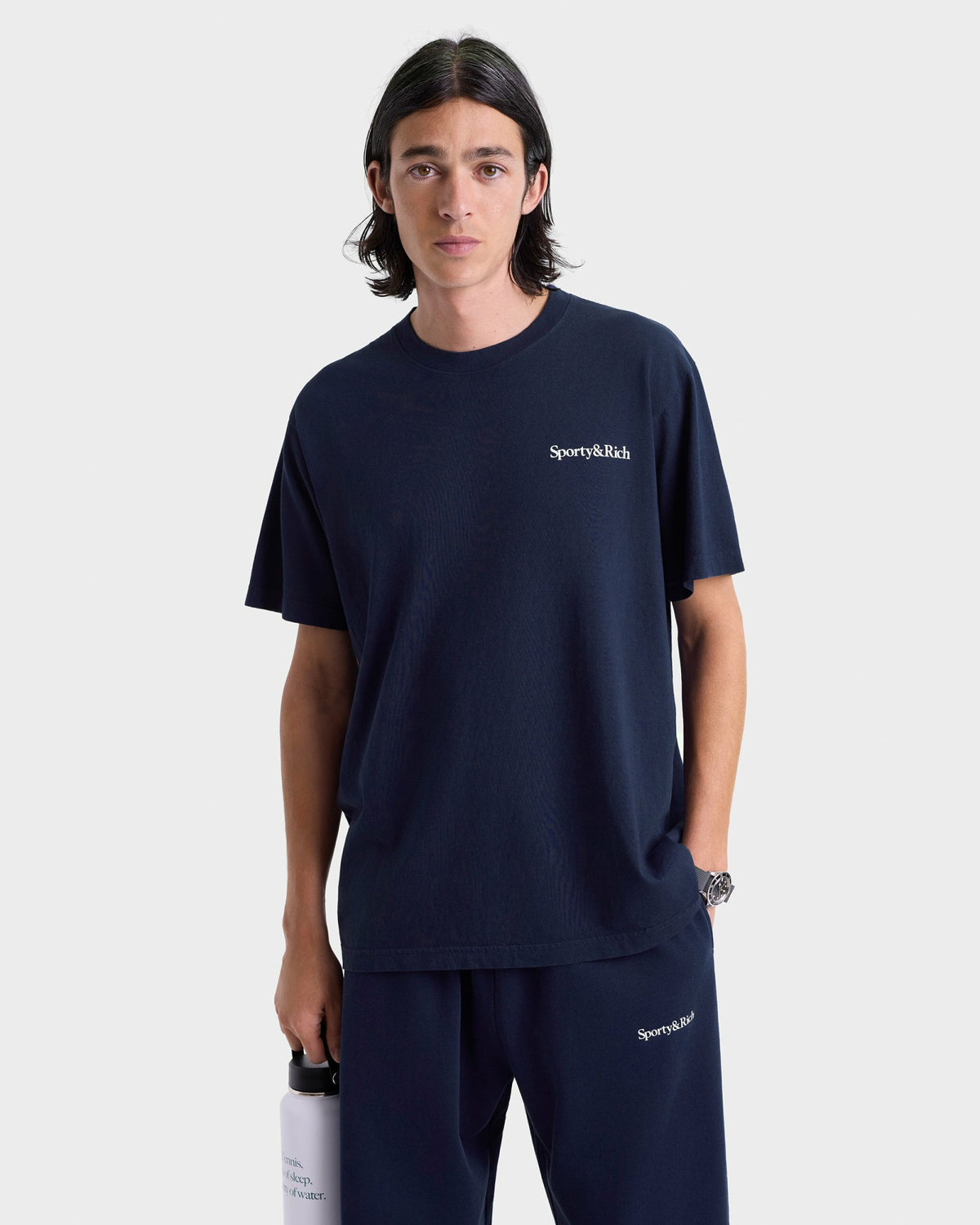 Sporty & Rich Serif Logo Wide Sweatpant - Navy/White