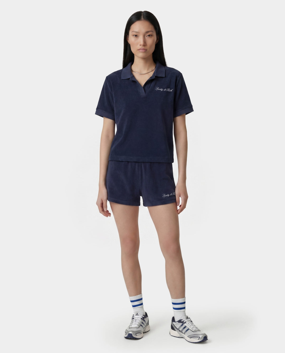 Sporty & Rich Signature Logo Terry Short - Light Navy/White