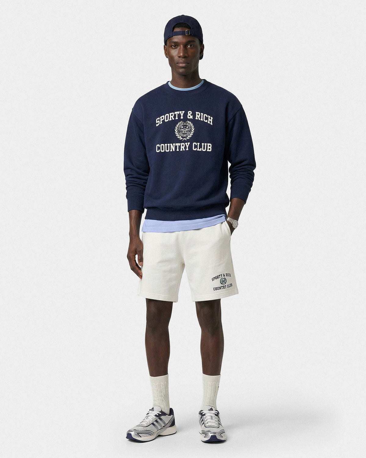 Sporty & Rich Varsity Crest Gym Short - Ecru/Navy