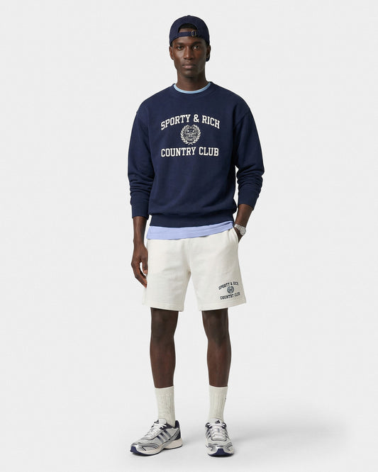 Sporty & Rich Varsity Crest Gym Short - Ecru/Navy