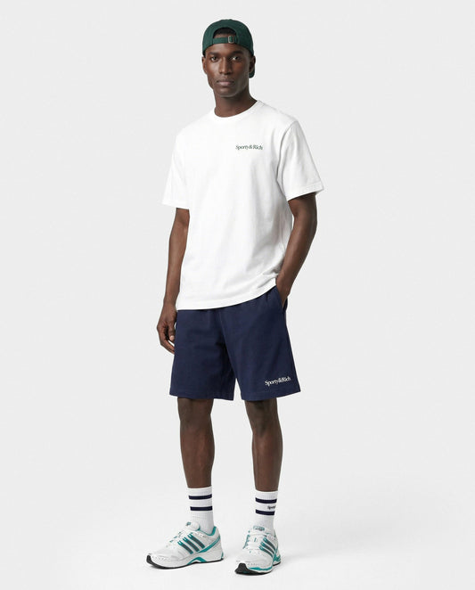 Sporty & Rich Serif Logo Gym Short - Navy/White