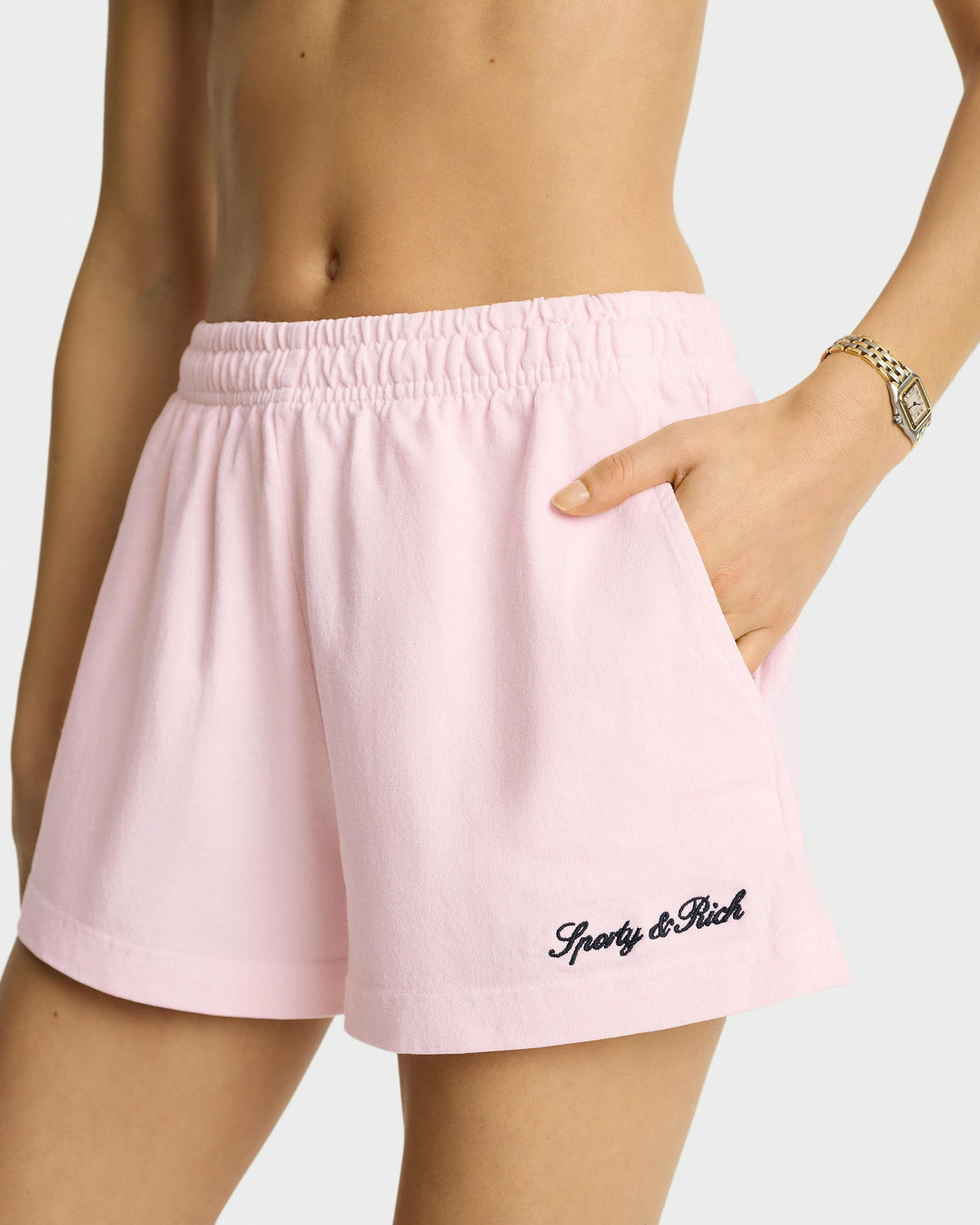 Sporty & Rich Syracuse Embroidered Disco short - Pink Dolphin/Navy