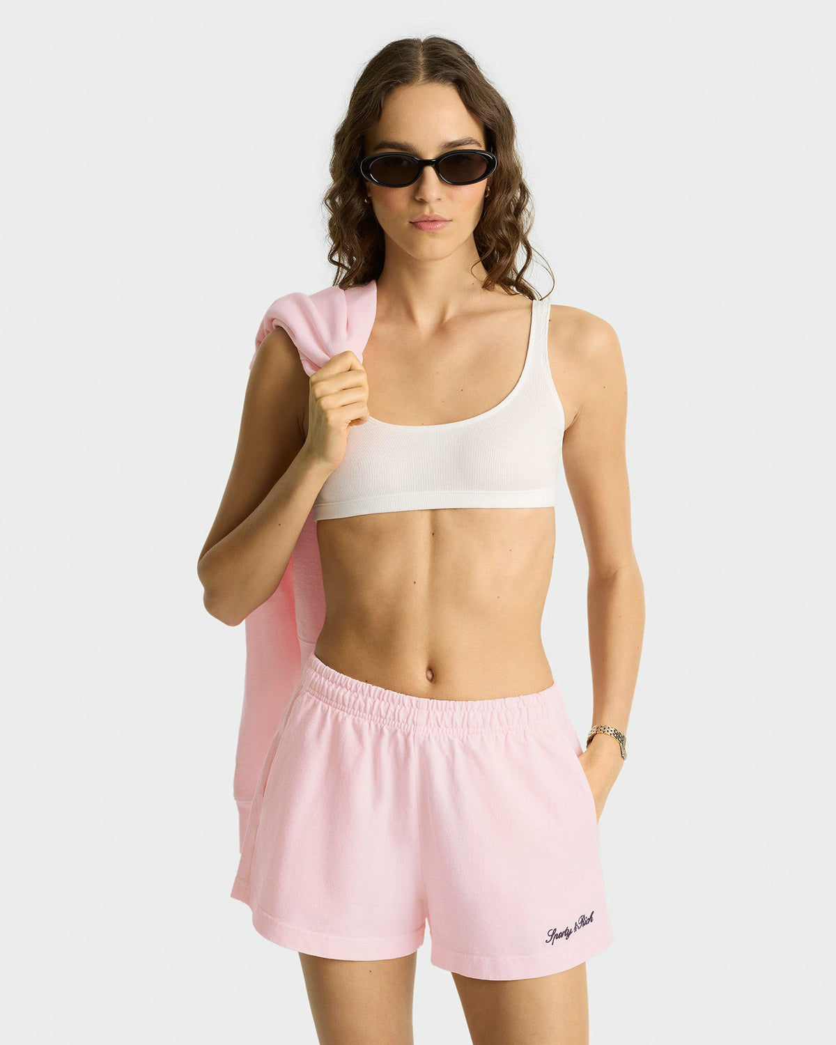 Sporty & Rich Syracuse Embroidered Disco short - Pink Dolphin/Navy