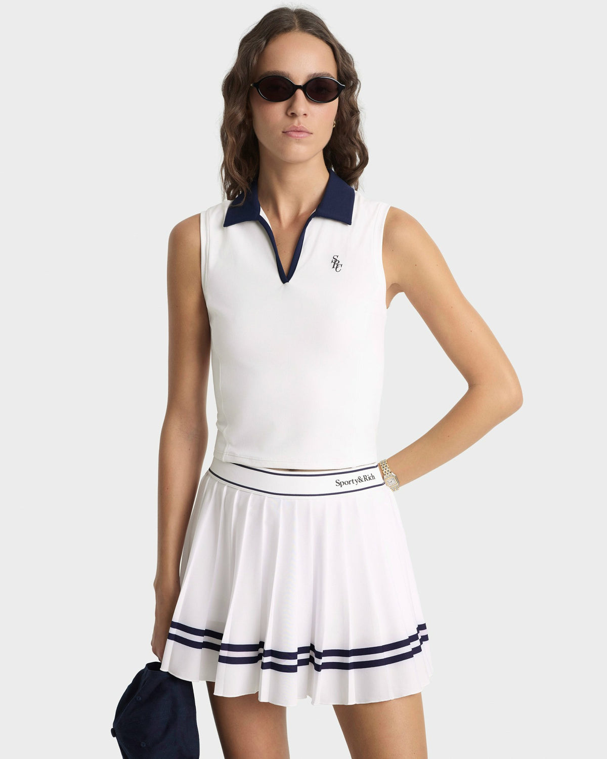 Sporty & Rich Serif Logo Pleated Skirt - White/Navy