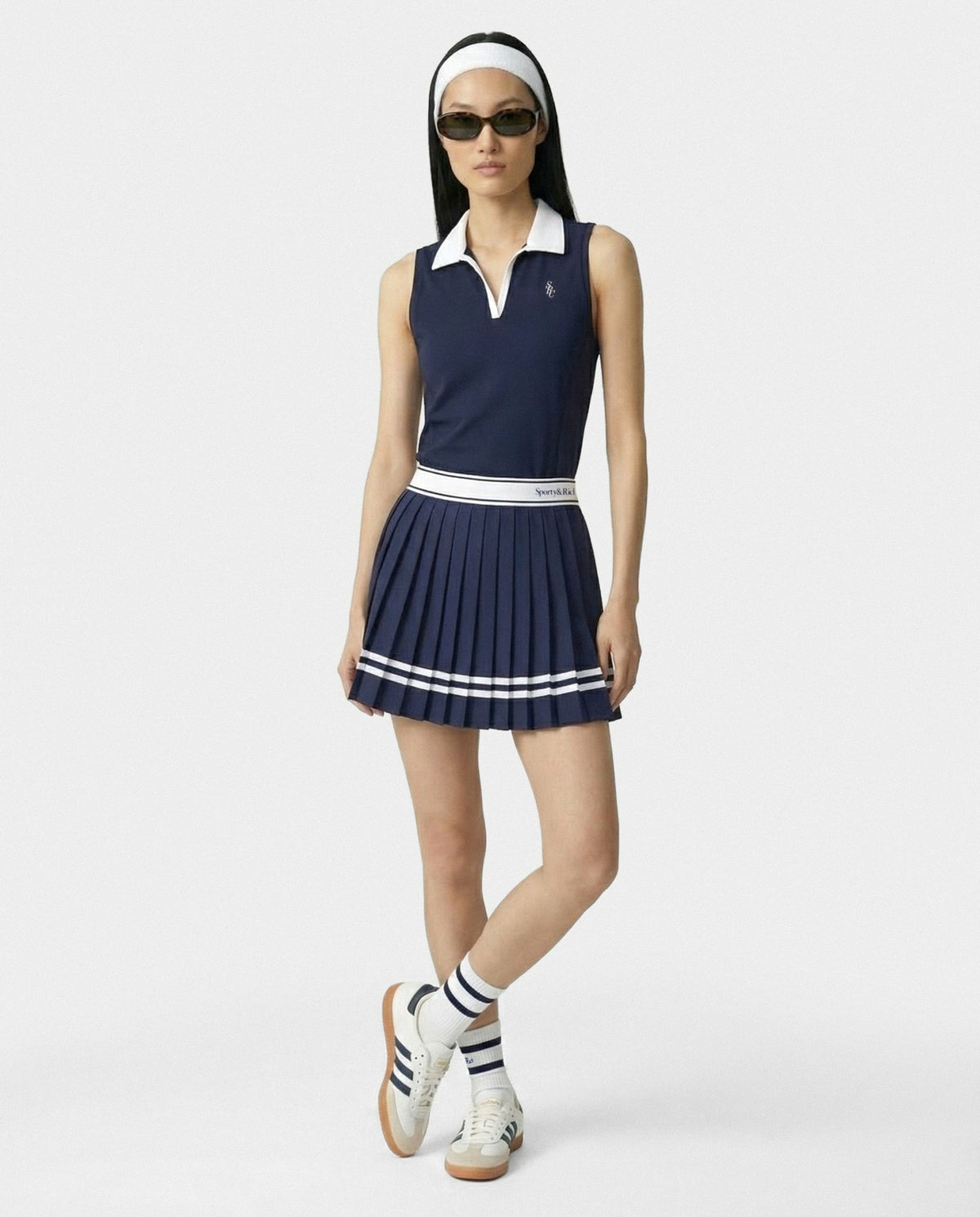 Sporty & Rich Serif Logo Pleated Skirt - Navy/White