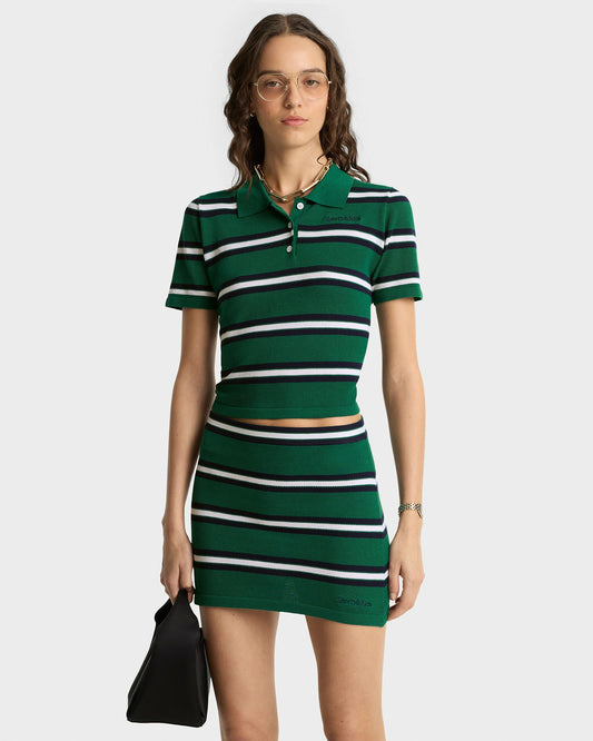 Sporty & Rich Serif Logo Silk Pique Aline Skirt - Alpine/White/Navy
