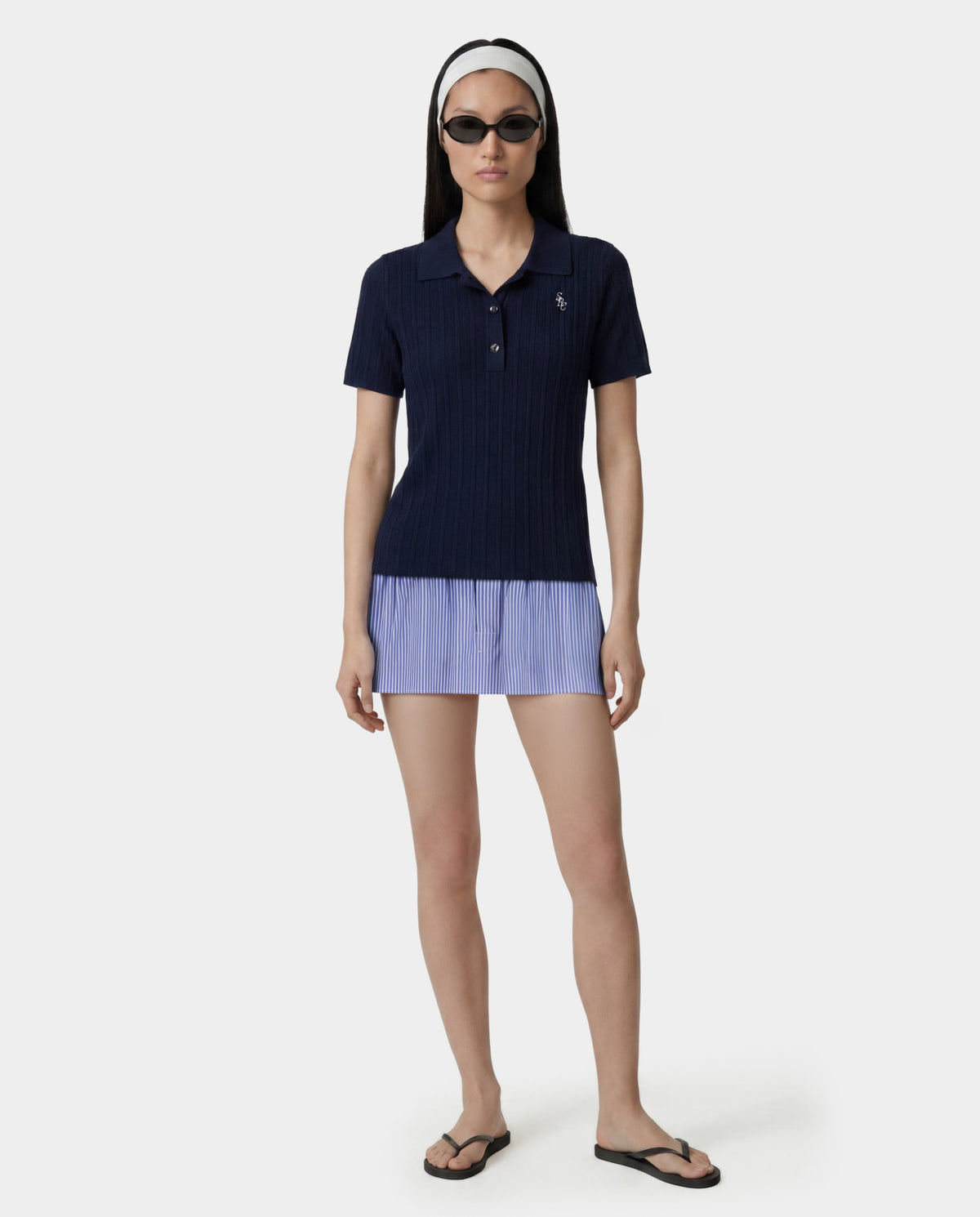 Sporty & Rich Signature Logo Poplin Skirt - Blue Striped/White