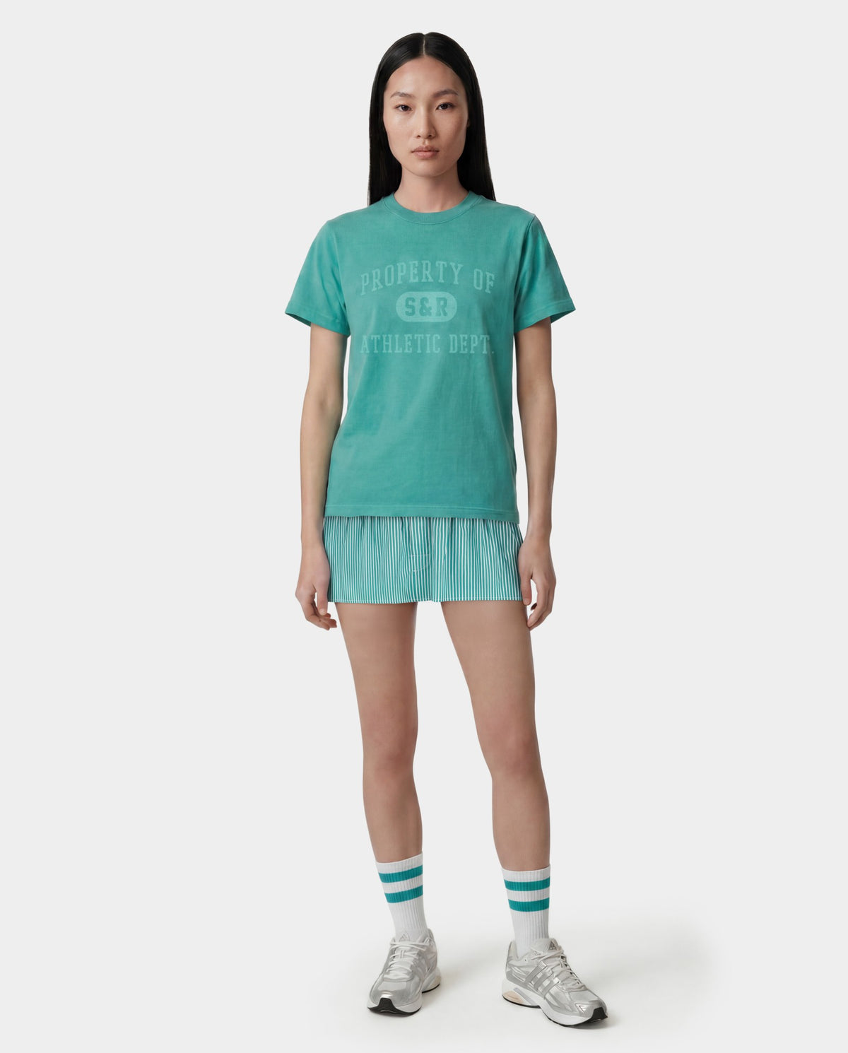 Sporty & Rich Signature Logo Poplin Skirt - Amalfi Green Striped/White