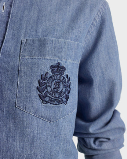 Sporty & Rich NY Crest Oversized Denim Shirt - Light Blue