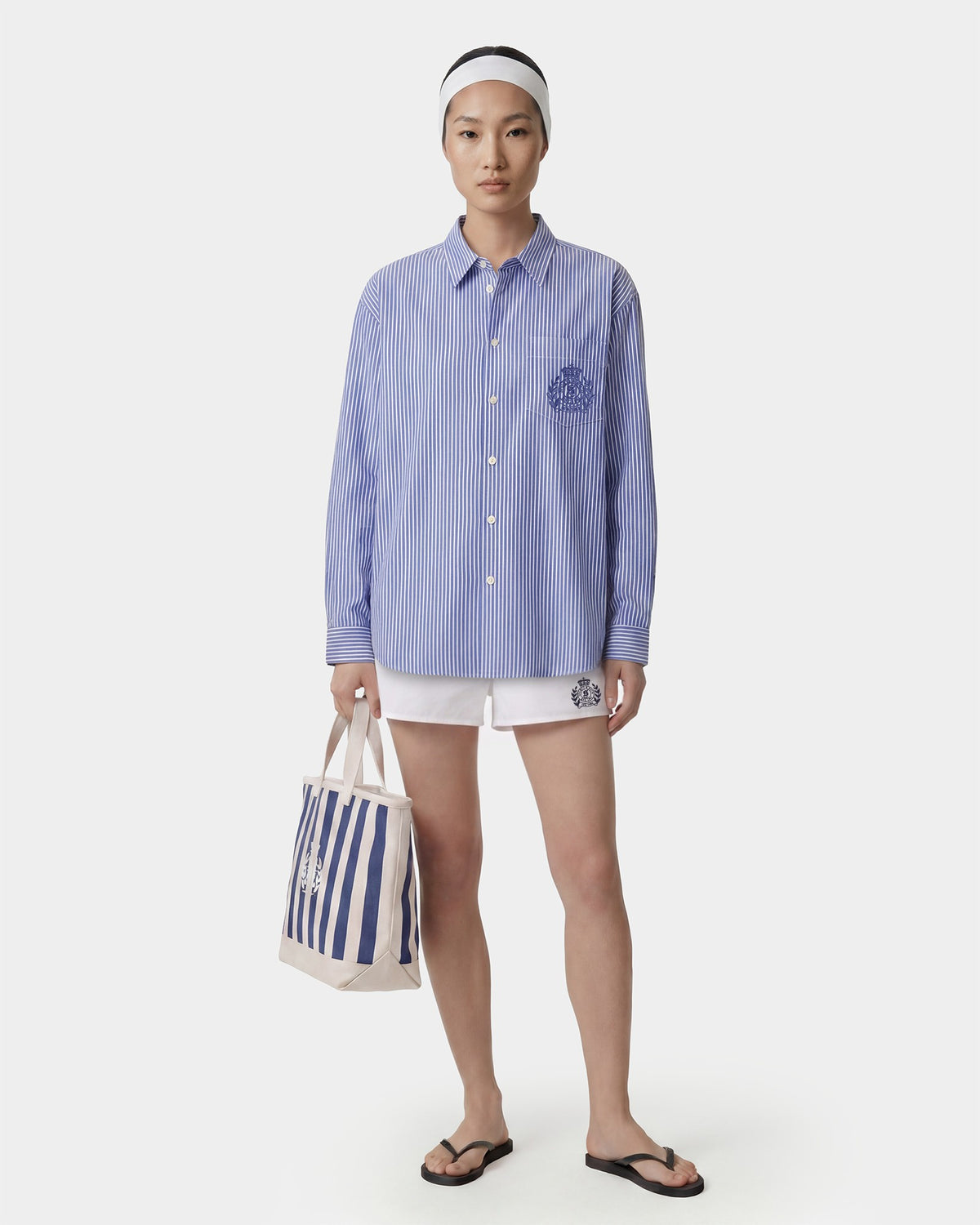 Sporty & Rich NY Crest Oversized Shirt - Blue Striped