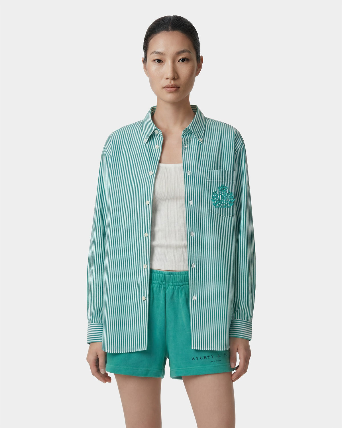Sporty & Rich NY Crest Oversized Shirt - Amalfi Green Striped