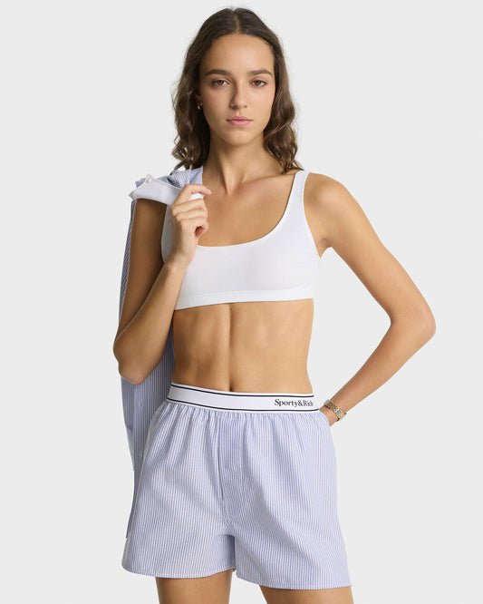 Sporty & Rich Serif Logo Oxford Boxer - Navy Stripe