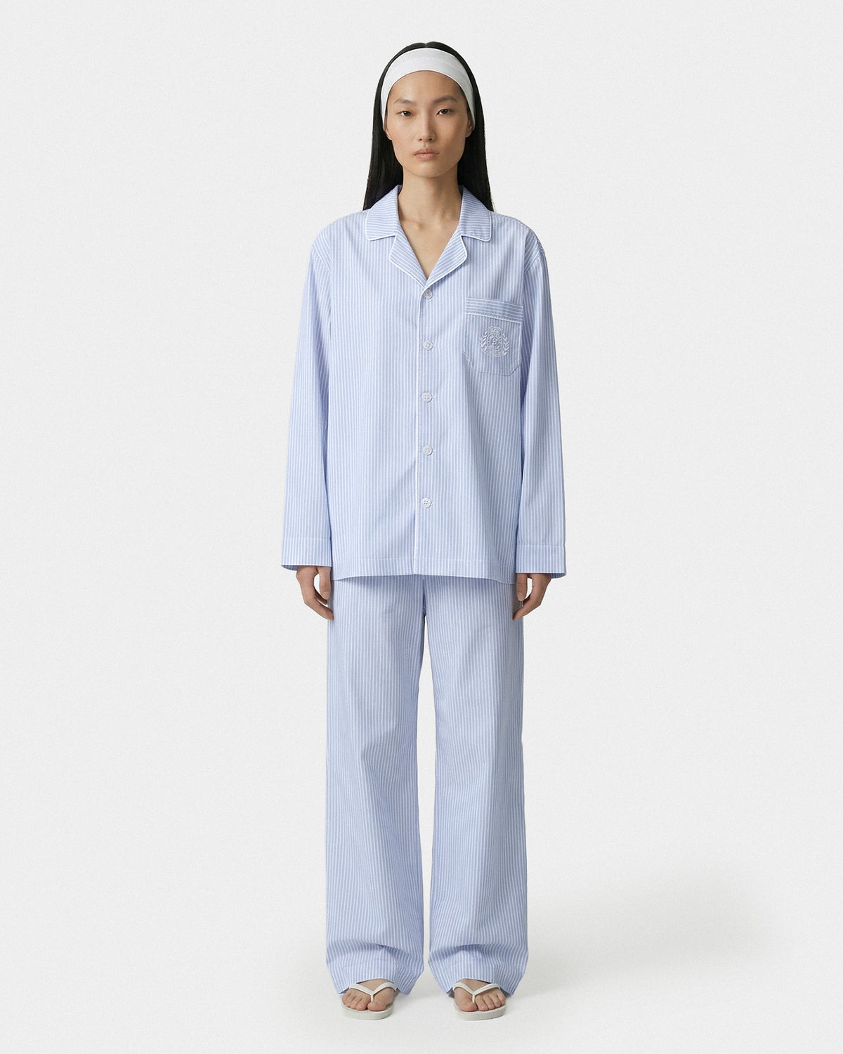 Sporty & Rich NY Crest Pyjama Shirt - Blue Striped
