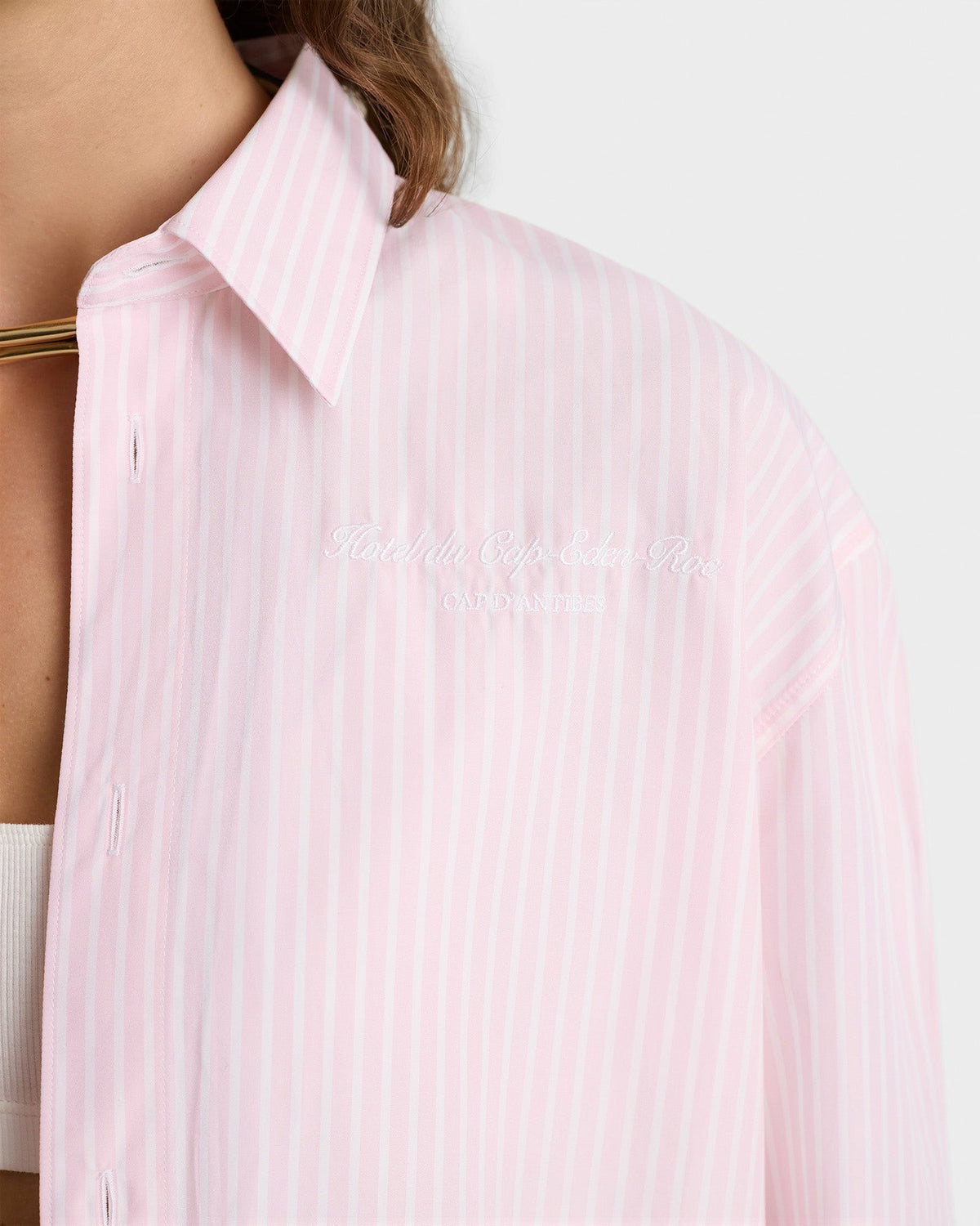 Sporty & Rich Eden Script Oversized Shirt - Pink/White Thin Stripe