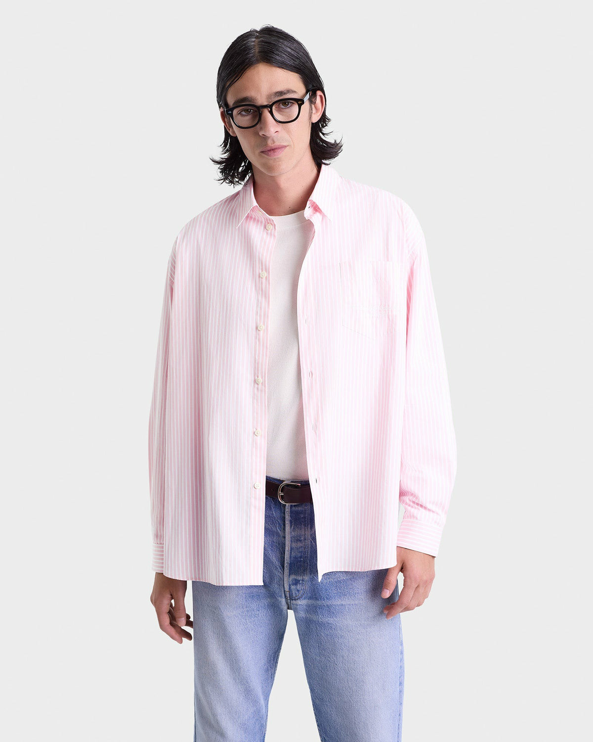 Sporty & Rich Eden Script Oversized Shirt - Pink/White Thin Stripe