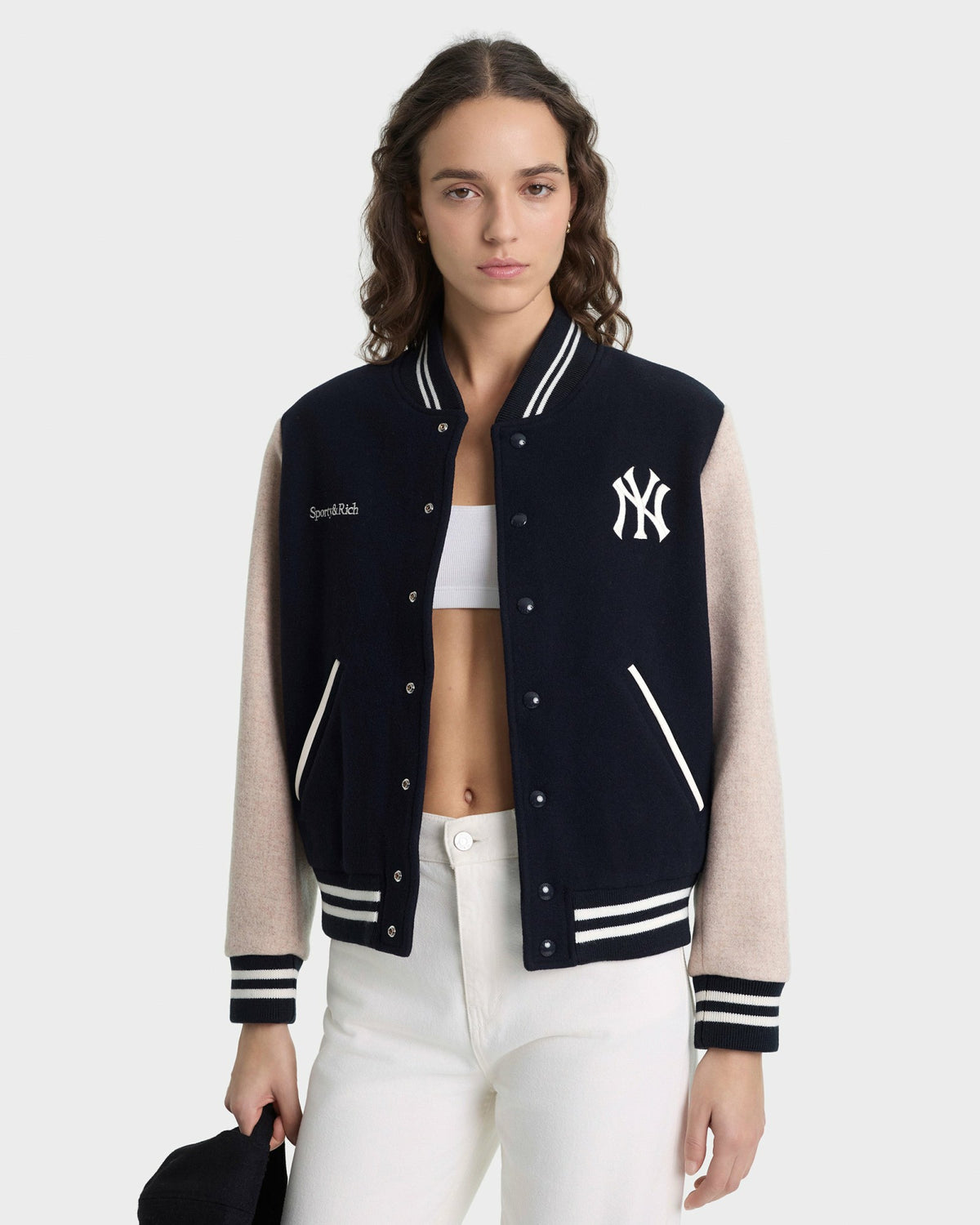 Sporty & Rich Yankees Curve Wool Varsity Jacket - Navy/Ecru