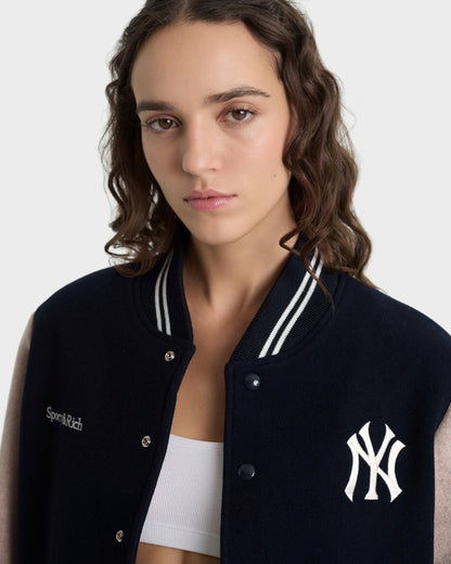 Sporty & Rich Yankees Curve Wool Varsity Jacket - Navy/Ecru