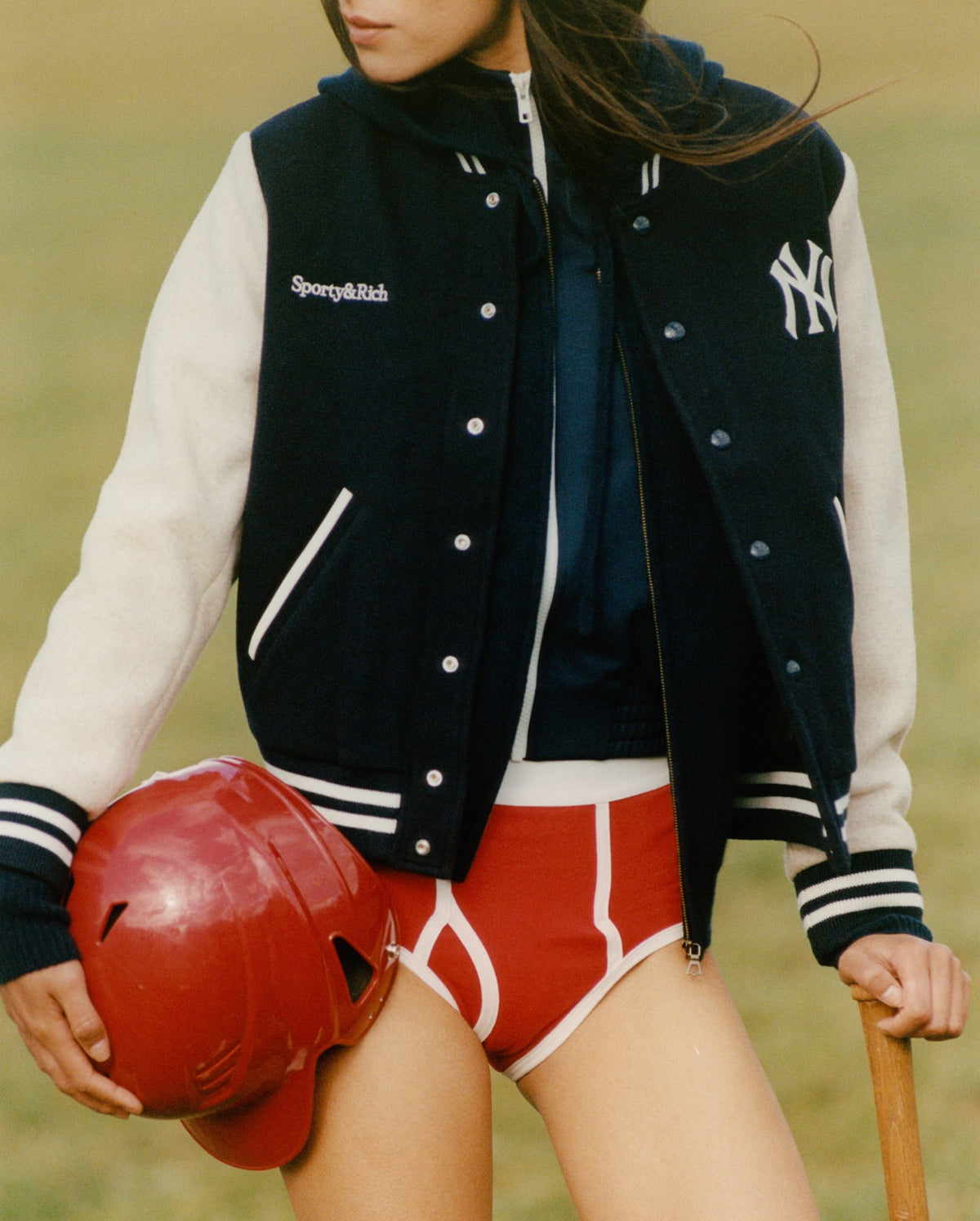 Sporty & Rich Yankees Curve Wool Varsity Jacket - Navy/Ecru
