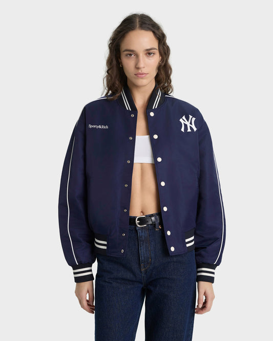 Sporty & Rich Yankees Curve Nylon Varsity Jacket - Navy/White