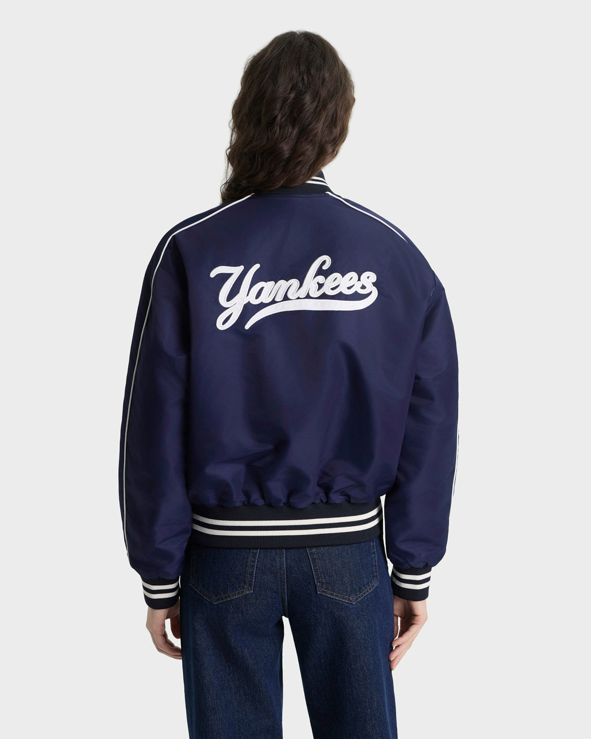 Sporty & Rich Yankees Curve Nylon Varsity Jacket - Navy/White