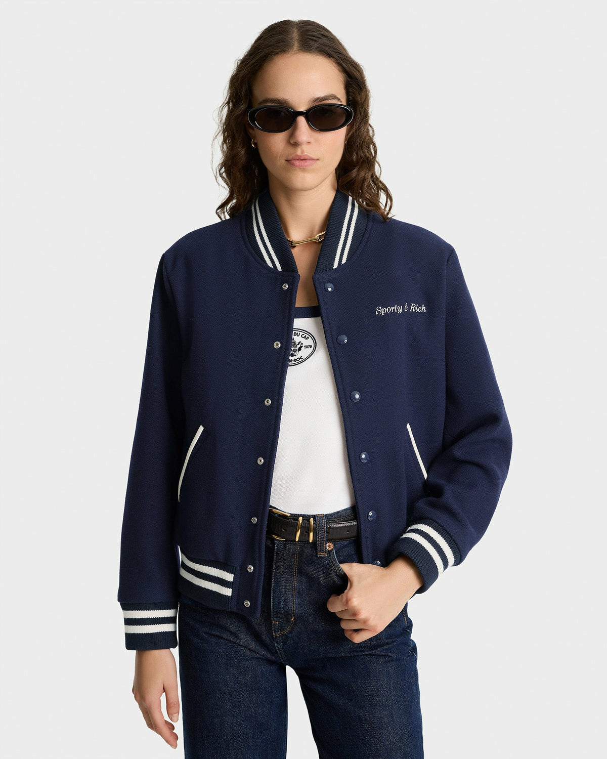 Sporty & Rich Eden Crest Varsity Jacket Women - Navy/White