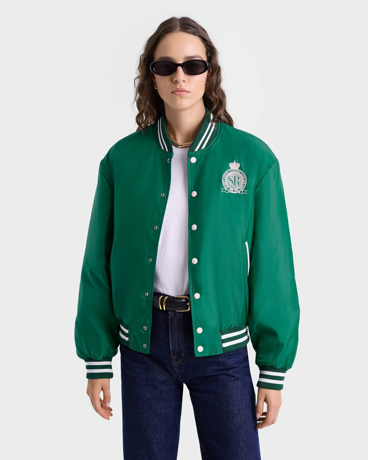 Sporty & Rich Royal Club Nylon Varsity Jacket - Spring Green/White