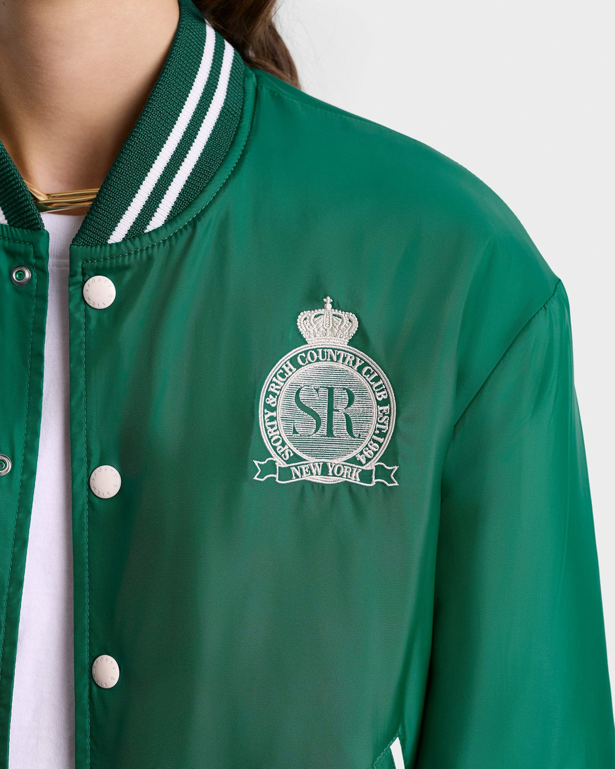 Sporty & Rich Royal Club Nylon Varsity Jacket - Spring Green/White