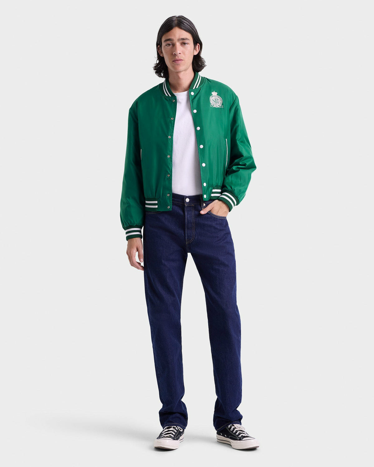 Sporty & Rich Royal Club Nylon Varsity Jacket - Spring Green/White