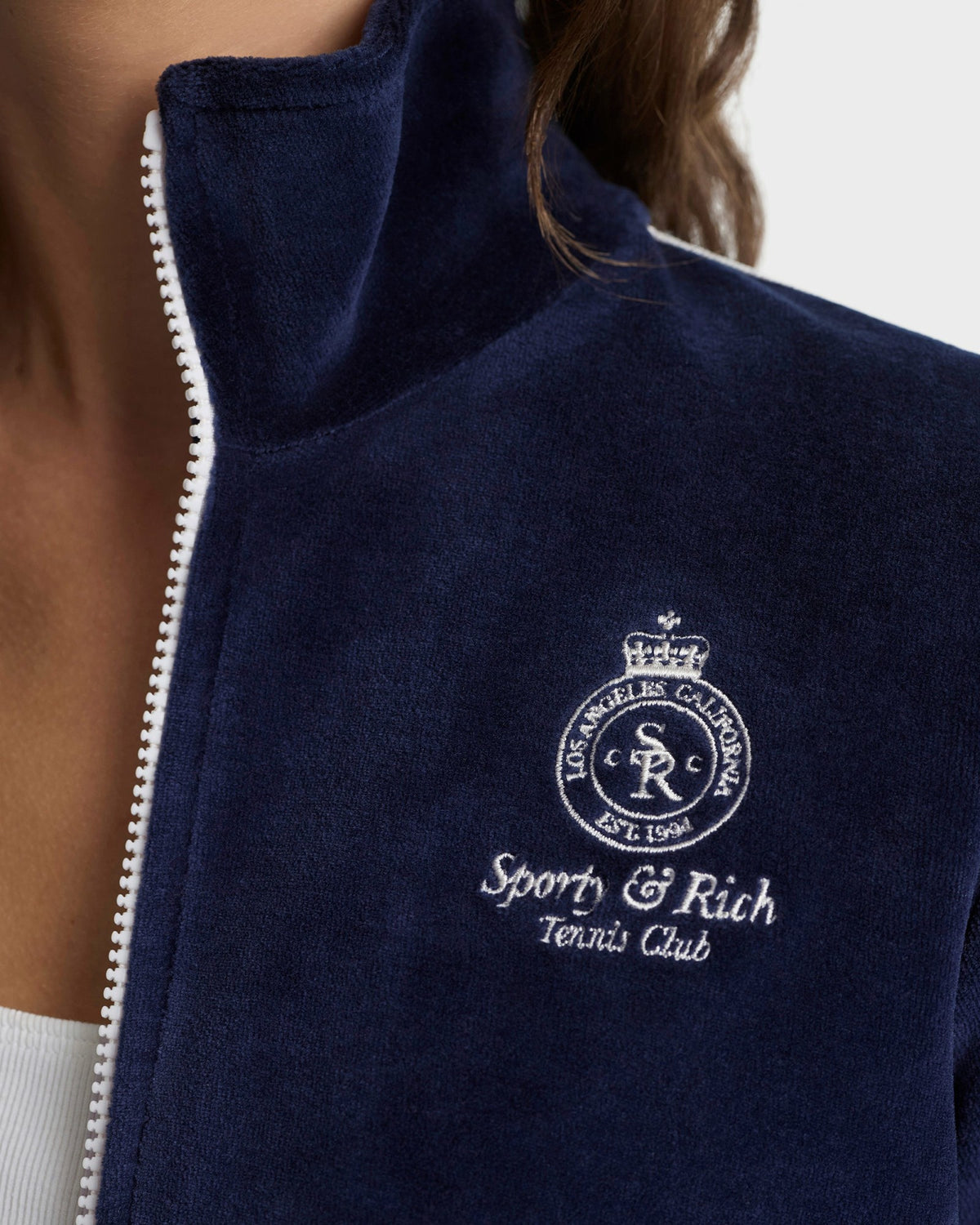 Sporty & Rich Crown Tennis Elio Velour Track Jacket - Navy/Ecru