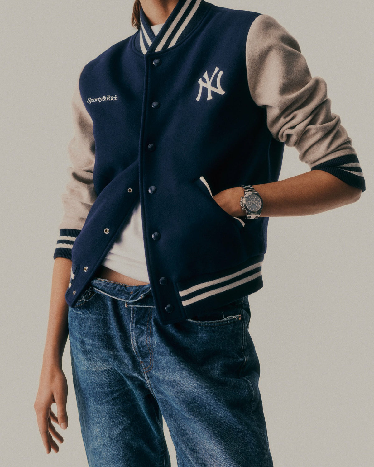 Sporty & Rich Homerun Wool Varsity Jacket - Navy/Cream