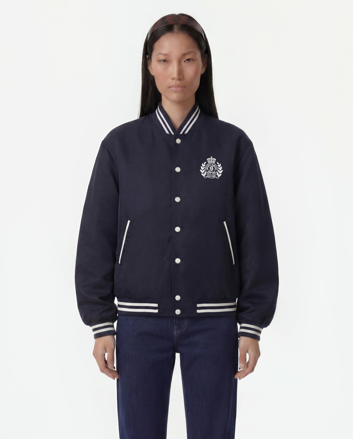 Sporty & Rich H&W Crest Oversized Varsity Jacket - Dark Navy