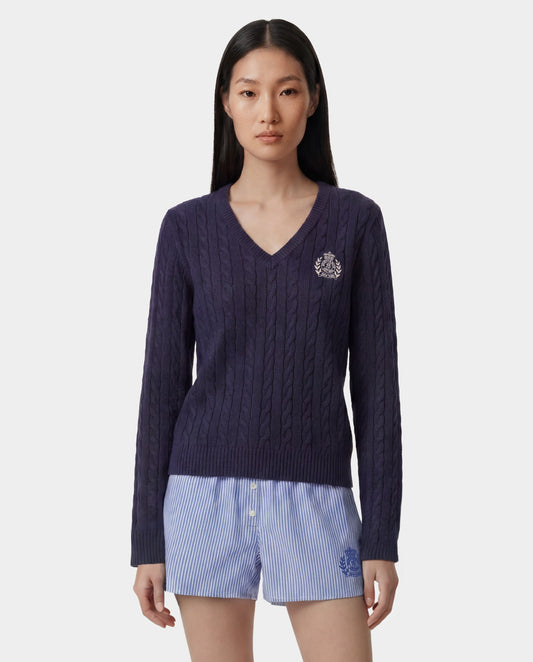Sporty & Rich NY Crest V-Neck Cable Sweater - Light Navy/Ecru