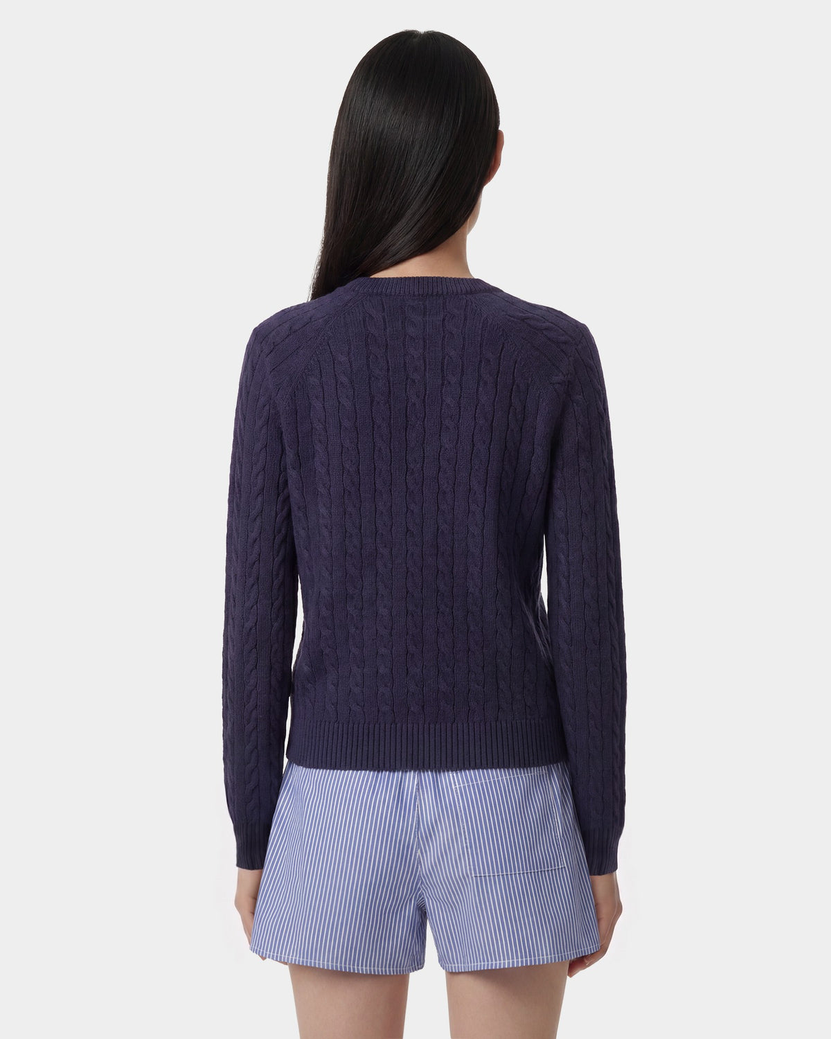 Sporty & Rich NY Crest V-Neck Cable Sweater - Light Navy/Ecru