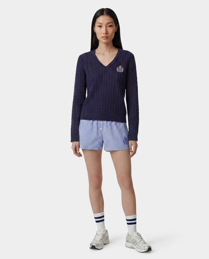 Sporty & Rich NY Crest V-Neck Cable Sweater - Light Navy/Ecru