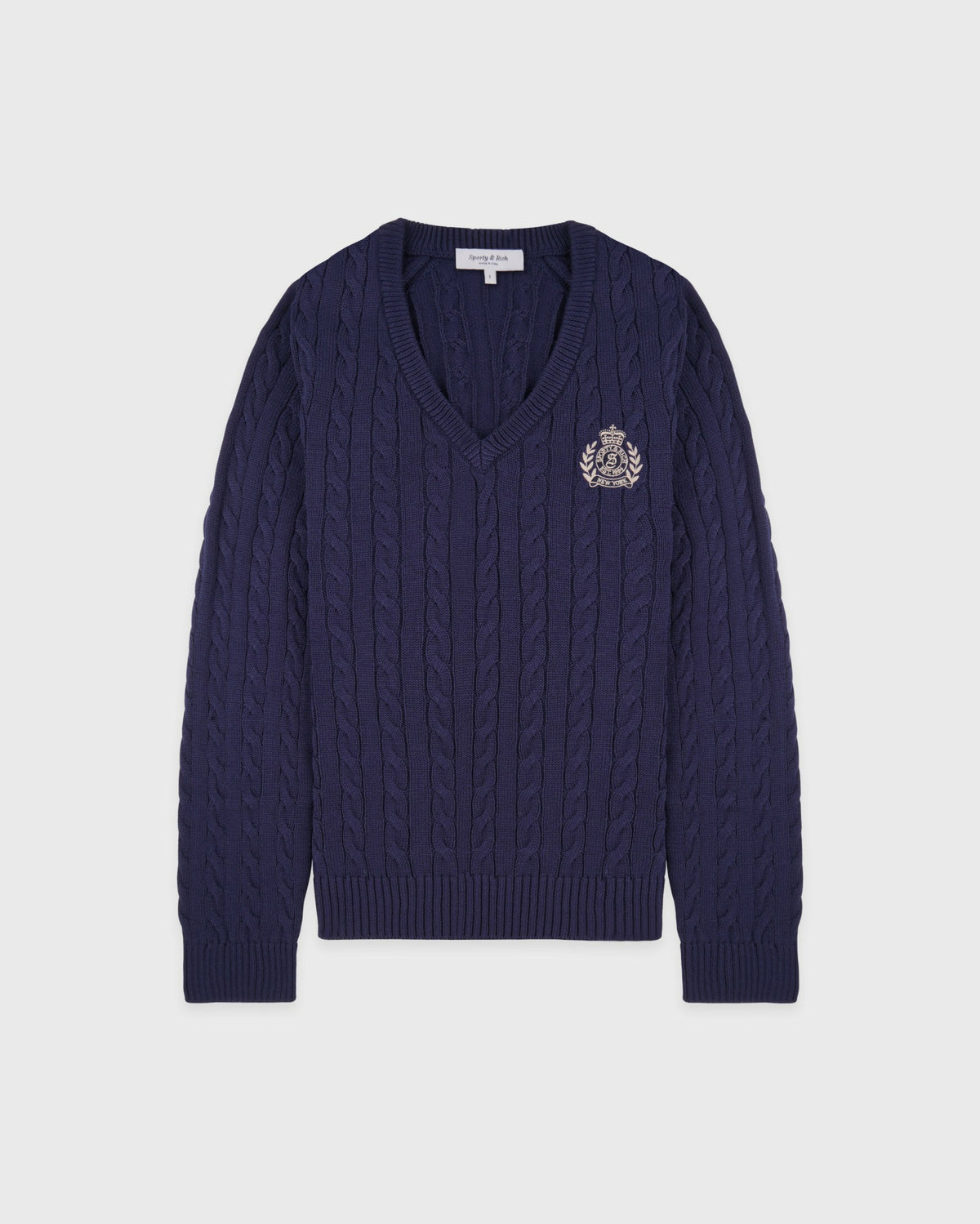 Sporty & Rich NY Crest V-Neck Cable Sweater - Light Navy/Ecru