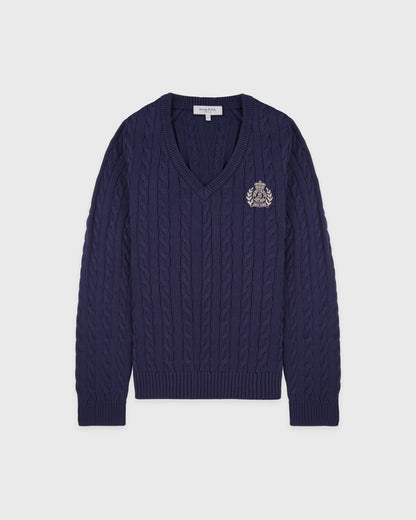 Sporty & Rich NY Crest V-Neck Cable Sweater - Light Navy/Ecru