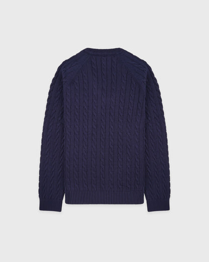 Sporty & Rich NY Crest V-Neck Cable Sweater - Light Navy/Ecru