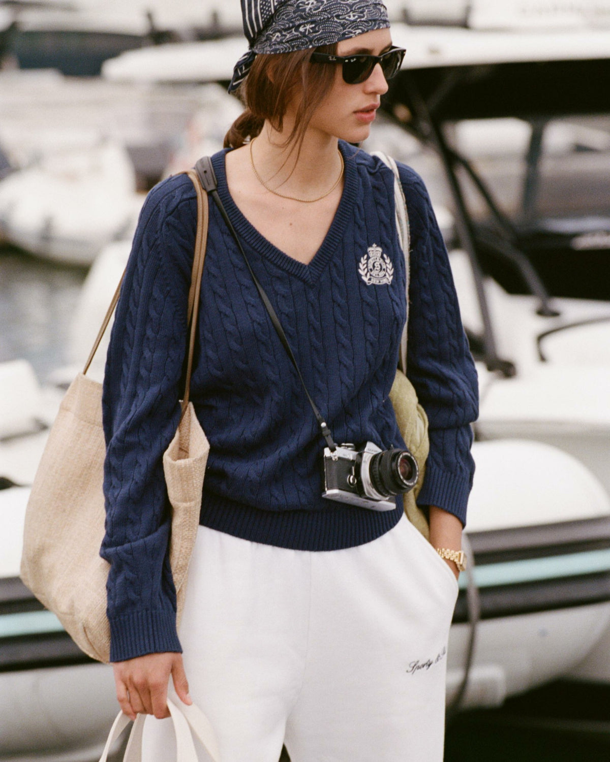 Sporty & Rich NY Crest V-Neck Cable Sweater - Light Navy/Ecru