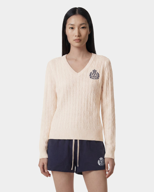 Sporty & Rich NY Crest V-Neck Cable Sweater - Ecru/Light Navy