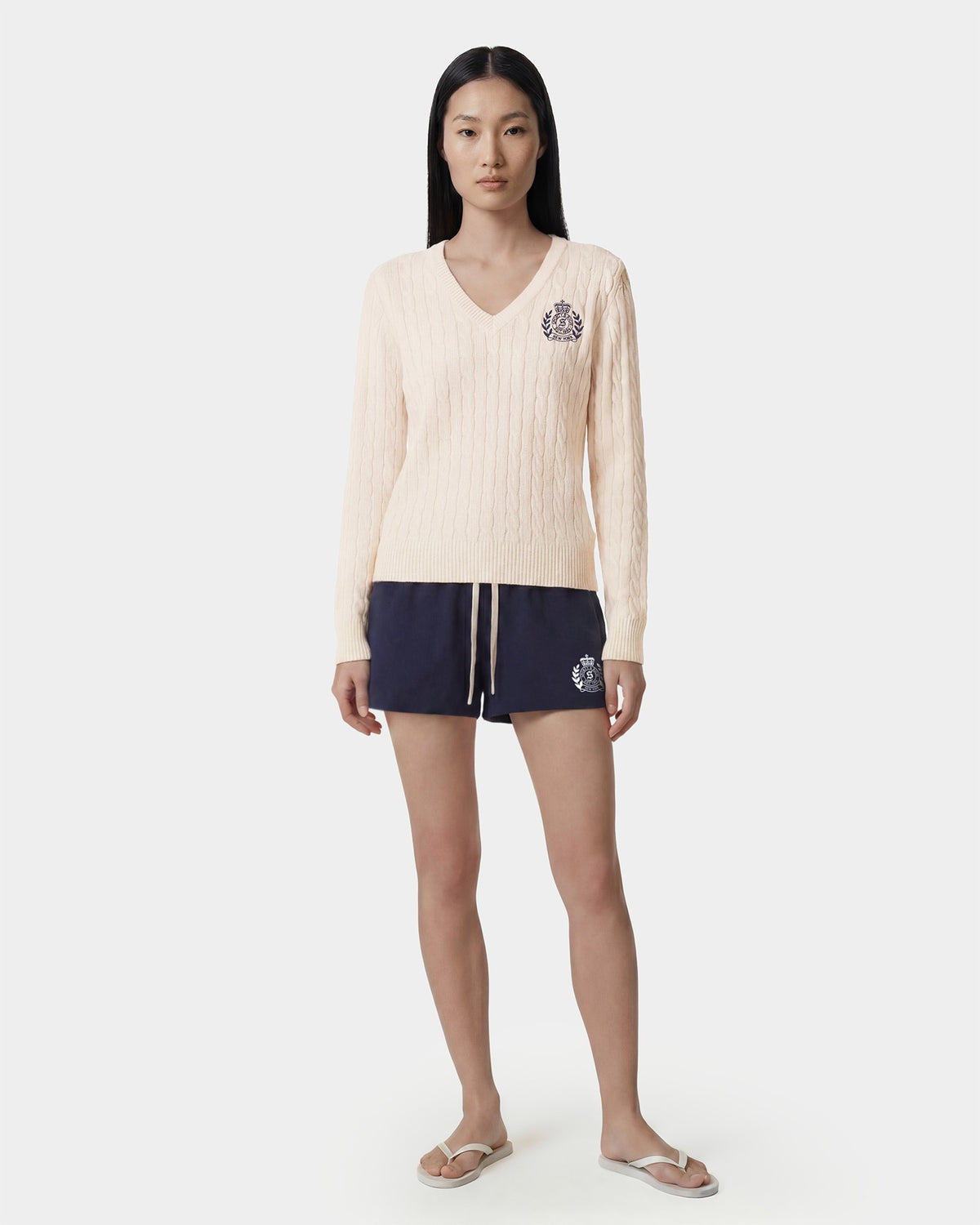 Sporty & Rich NY Crest V-Neck Cable Sweater - Ecru/Light Navy