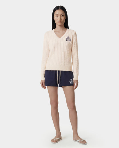 Sporty & Rich NY Crest V-Neck Cable Sweater - Ecru/Light Navy
