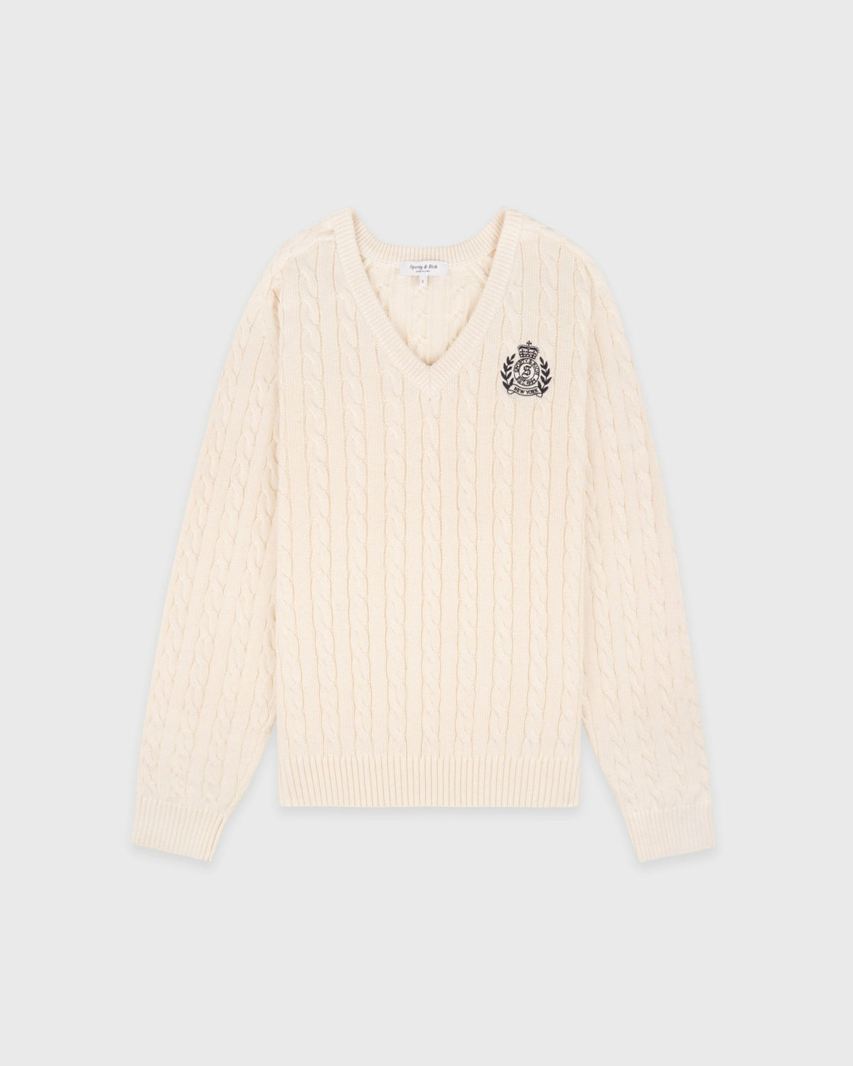 Sporty & Rich NY Crest V-Neck Cable Sweater - Ecru/Light Navy