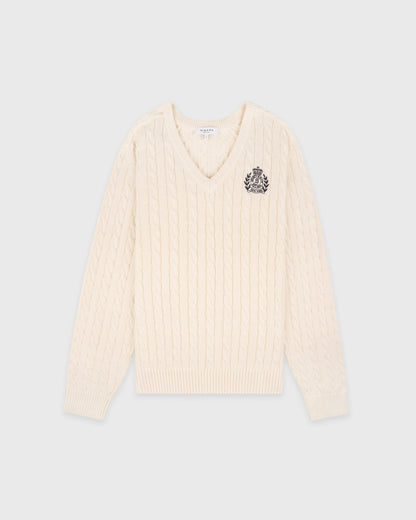 Sporty & Rich NY Crest V-Neck Cable Sweater - Ecru/Light Navy