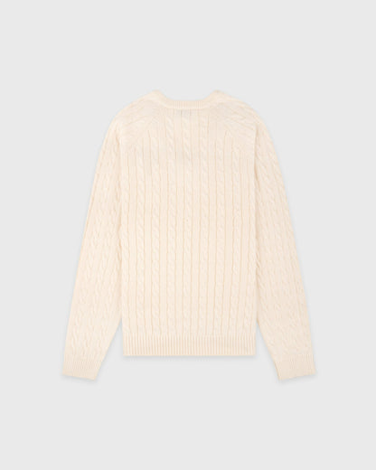 Sporty & Rich NY Crest V-Neck Cable Sweater - Ecru/Light Navy