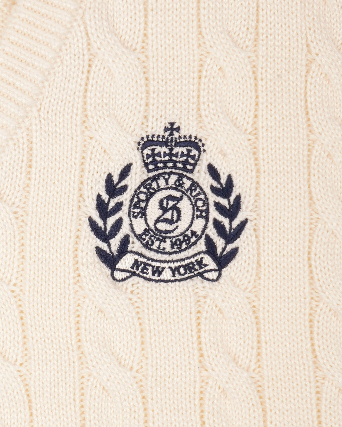 Sporty & Rich NY Crest V-Neck Cable Sweater - Ecru/Light Navy