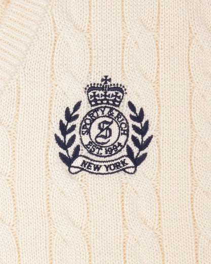 Sporty & Rich NY Crest V-Neck Cable Sweater - Ecru/Light Navy