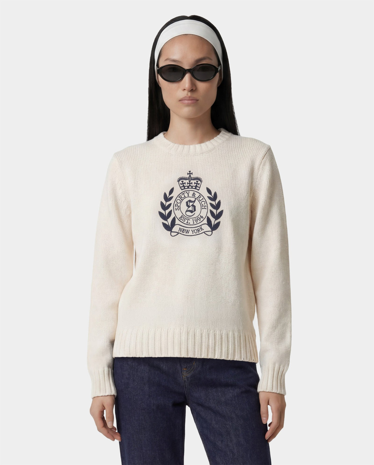 Sporty & Rich NY Crest Knitted Sweater - Ecru/Navy