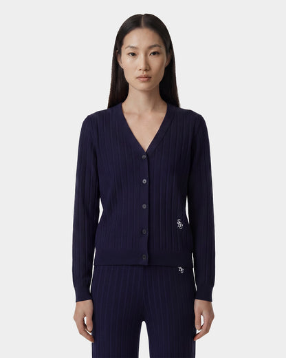 Sporty & Rich SRC Ribbed Cardigan - Dark Navy/White