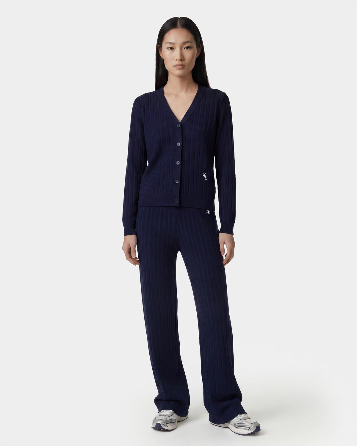 Sporty & Rich SRC Ribbed Cardigan - Dark Navy/White