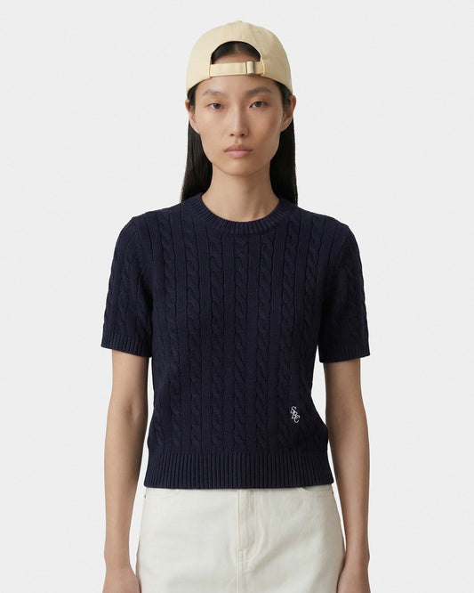 Sporty & Rich SRC Cotton Cableknit Sweater - Navy/White